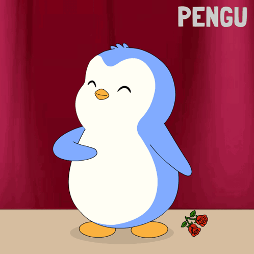 A Cartoon Penguin Is Standing In Front Of A Red Curtain With The Word Pengu Written Above It GIF