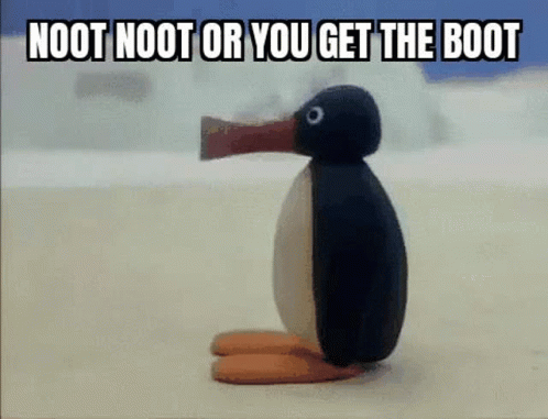 a cartoon penguin is standing on a beach with the words noot noot or you get the boot .