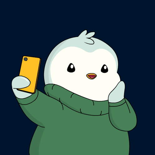 A Cartoon Penguin Is Taking A Picture Of Himself With His Phone GIF