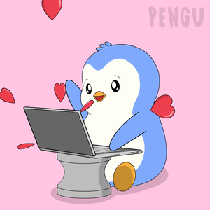 A Cartoon Penguin Is Using A Laptop Computer GIF