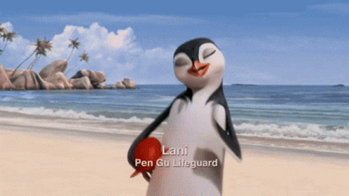 A Cartoon Penguin Named Lani Is Holding A Red Ball GIF