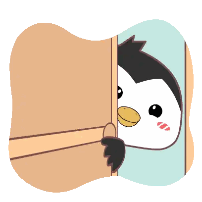 a cartoon penguin peeking out of a door