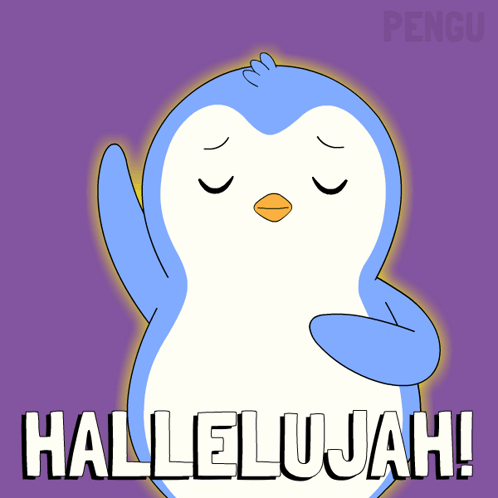 A Cartoon Penguin Says Hallelujah With Its Arms Outstretched GIF