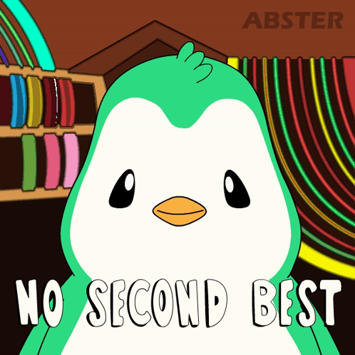 A Cartoon Penguin Says No Second Best In Front Of A Colorful Background GIF