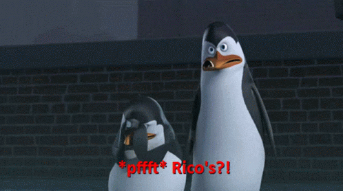 A Cartoon Penguin Says " Pfft Rico 'S " In Red Text GIF