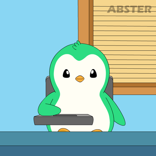 A Cartoon Penguin Sits At A Desk In Front Of A Window With The Word Abster On It GIF