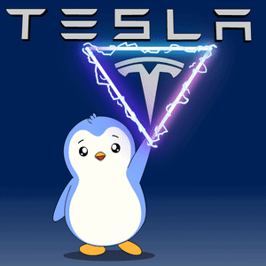 A Cartoon Penguin Stands In Front Of A Tesla Logo GIF