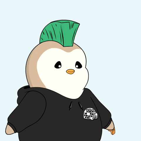 A Cartoon Penguin Wearing A Black Hoodie With An Igloo On It GIF