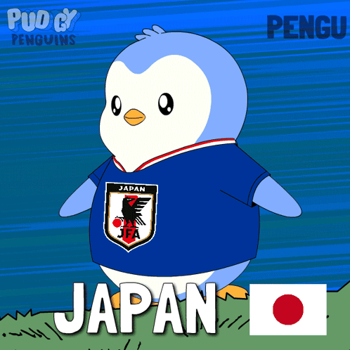 A Cartoon Penguin Wearing A Blue Japan Jersey GIF