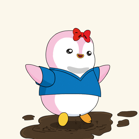 A Cartoon Penguin Wearing A Blue Shirt And A Red Bow Is Jumping Into A Puddle Of Mud GIF