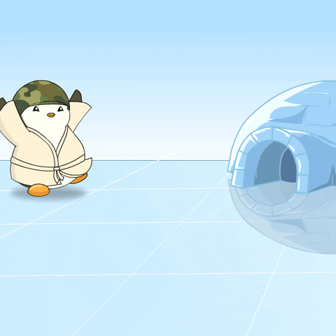 A Cartoon Penguin Wearing A Camouflage Hat Is Laying On Its Back GIF