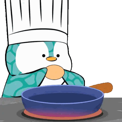 a cartoon penguin wearing a chef 's hat is cooking in a pan
