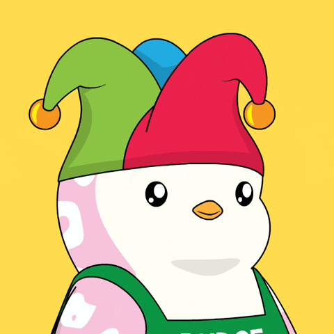 A Cartoon Penguin Wearing A Colorful Jester Hat And Overalls GIF