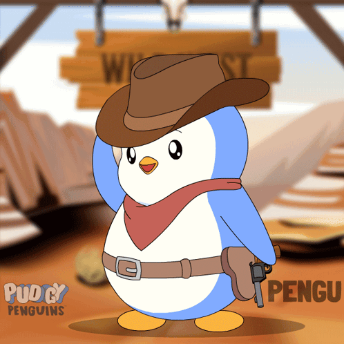 A Cartoon Penguin Wearing A Cowboy Hat And Holding A Gun GIF