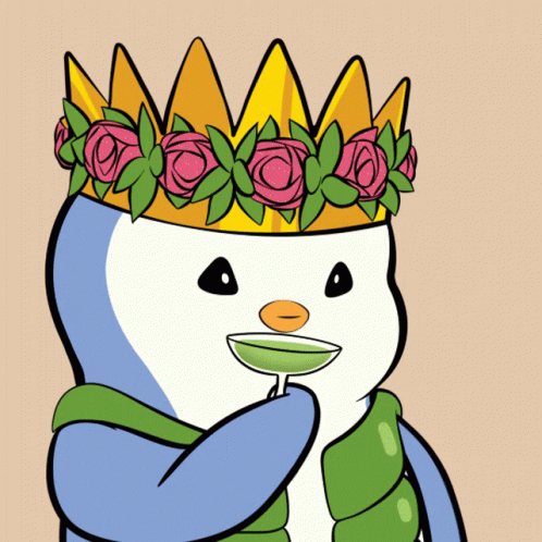 A Cartoon Penguin Wearing A Crown And Holding A Drink GIF