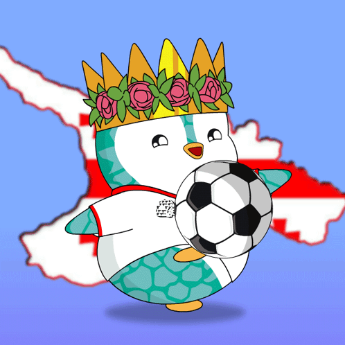 A Cartoon Penguin Wearing A Crown Holding A Soccer Ball GIF