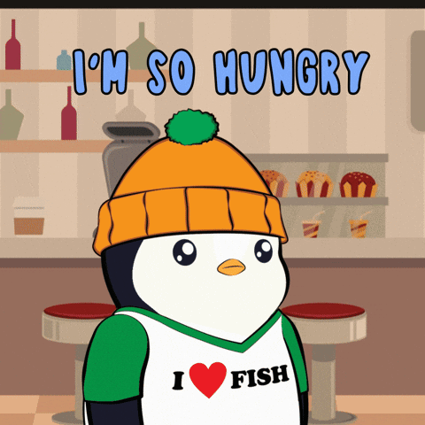 A Cartoon Penguin Wearing A Hat And A Shirt That Says I Love Fish GIF