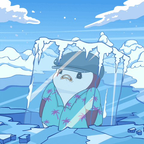 A Cartoon Penguin Wearing A Hat And A Shirt With Palm Trees On It GIF