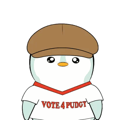 a cartoon penguin wearing a hat and a vote 4 pudgy shirt