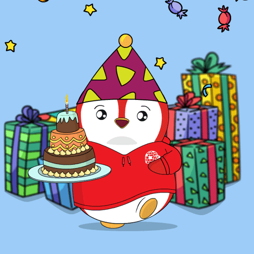 Penguin With Party Hat Holding Birthday Cake GIF