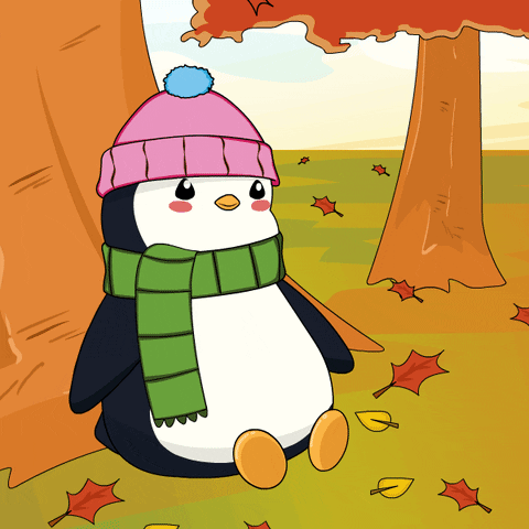 A Cartoon Penguin Wearing A Pink Hat And Scarf GIF