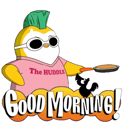 a cartoon penguin wearing a pink shirt that says " the huddle "