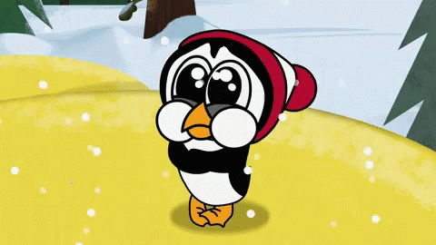 A Cartoon Penguin Wearing A Red And White Hat Is Standing In The Snow GIF
