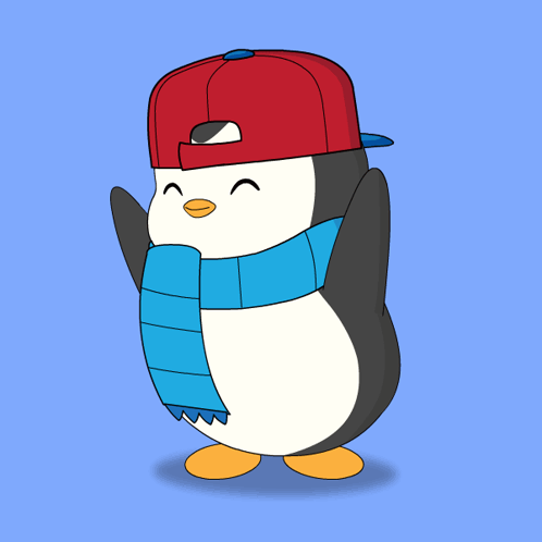 A Cartoon Penguin Wearing A Red Hat And A Blue Scarf GIF