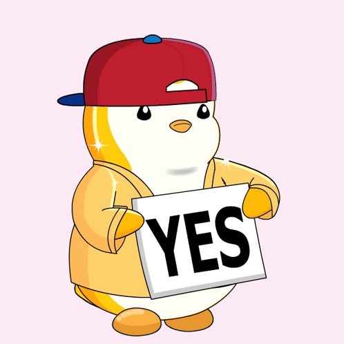 A Cartoon Penguin Wearing A Red Hat Is Holding A Yes Sign GIF