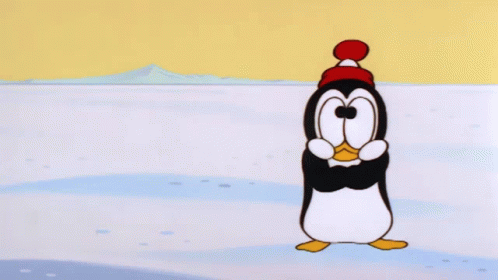 a cartoon penguin wearing a red hat stands in the snow