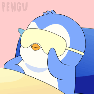 A Cartoon Penguin Wearing A Sleep Mask With The Word Pengu Behind It GIF