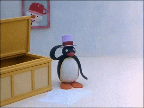 A Cartoon Penguin Wearing A Top Hat Salutes In Front Of A Picture Of A Snowman GIF