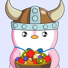 A Cartoon Penguin Wearing A Viking Helmet Holds A Bowl Of Fruit GIF