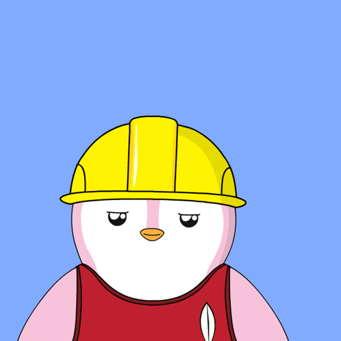 A Cartoon Penguin Wearing A Yellow Hard Hat Has Question Marks Above His Head GIF