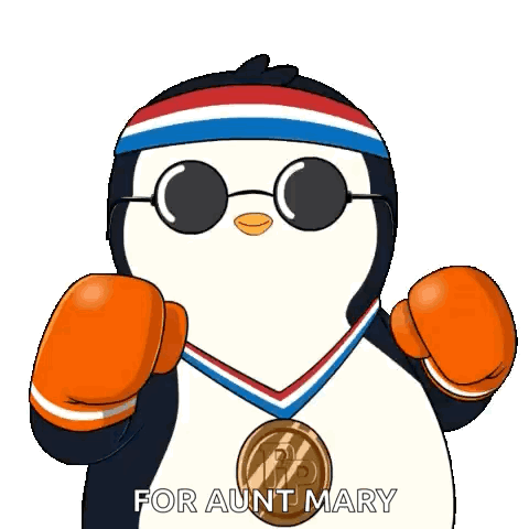 A Cartoon Penguin Wearing Boxing Gloves And A Medal With The Words For Aunt Mary Written On It GIF