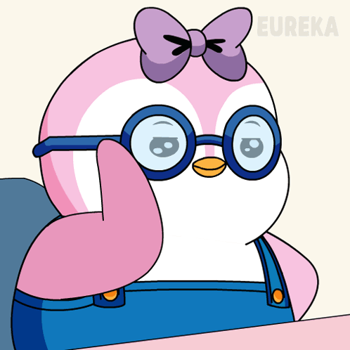 a cartoon penguin wearing glasses and overalls with the word eureka on the bottom right