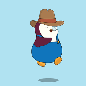 A Cartoon Penguin Wearing Overalls And A Hat Is Holding A Pumpkin GIF