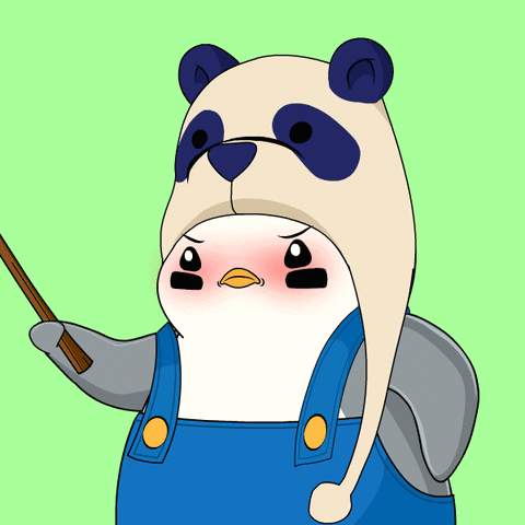 A Cartoon Penguin Wearing Overalls And A Panda Hat Holds A Stick GIF