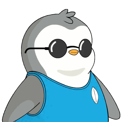 a cartoon penguin wearing sunglasses and a blue shirt with a rainbow coming out of its mouth