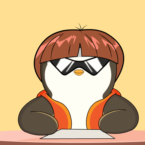 A Cartoon Penguin Wearing Sunglasses And A Hoodie Sits At A Table GIF