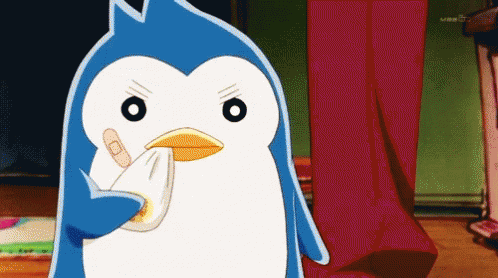 A Cartoon Penguin With A Bandage On Its Face GIF