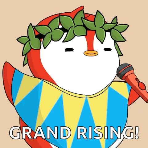 A Cartoon Penguin With A Laurel Wreath On Its Head Is Holding A Microphone And Says " Grand Rising " GIF