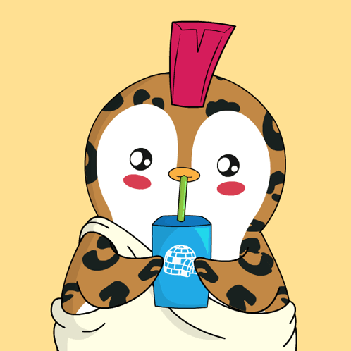A Cartoon Penguin With A Mohawk Drinking From A Box With A Globe On It GIF