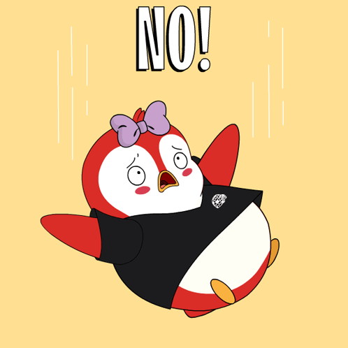 Penguin Cartoon With Purple Bow Saying No GIF