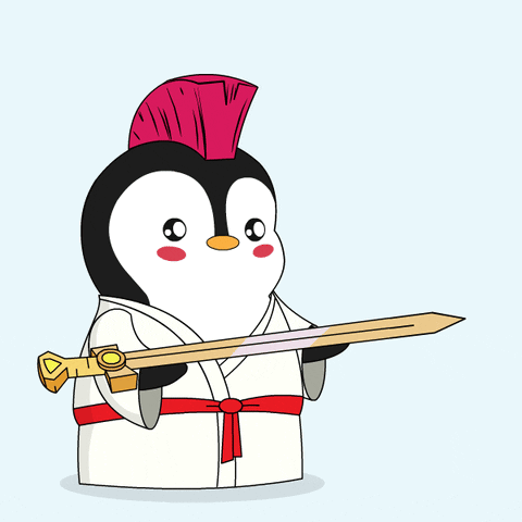 A Cartoon Penguin With A Red Mohawk Holding A Sword GIF