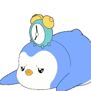 a cartoon penguin with an alarm clock on its head