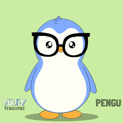 A Cartoon Penguin With Glasses And The Name Pengu On The Bottom GIF