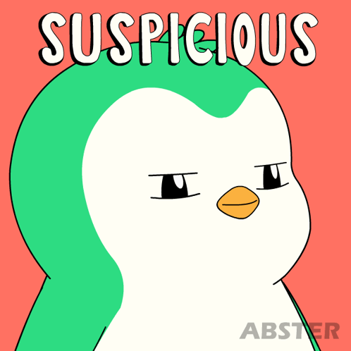 A Cartoon Penguin With The Word Suspicious Written Above It GIF