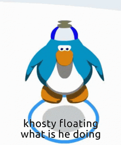 A Cartoon Penguin With The Words Khosty Floating What Is He Doing Written Below It GIF