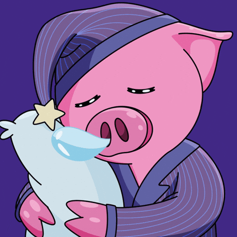 A Cartoon Pig In A Striped Robe Is Hugging A Pillow GIF